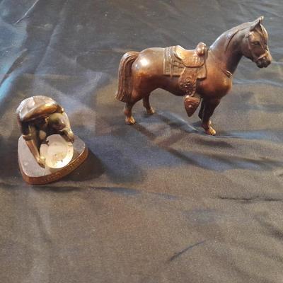 VINTAGE BRONZE COLORED LEAD METAL WESTERN HORSE STATUE AND GOLD PANNER FIGURES