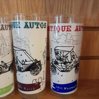 EIGHT VINTAGE ANTIQUE AUTO'S 16 oz DRINKING GLASSES