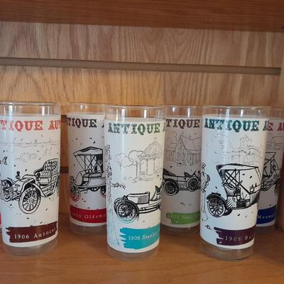 EIGHT VINTAGE ANTIQUE AUTO'S 16 oz DRINKING GLASSES
