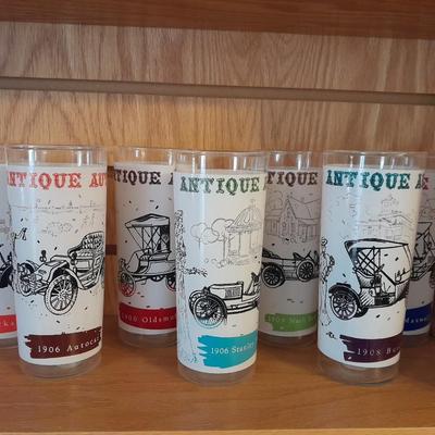 EIGHT VINTAGE ANTIQUE AUTO'S 16 oz DRINKING GLASSES