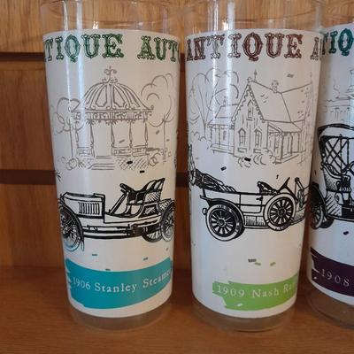 EIGHT VINTAGE ANTIQUE AUTO'S 16 oz DRINKING GLASSES