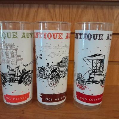 EIGHT VINTAGE ANTIQUE AUTO'S 16 oz DRINKING GLASSES