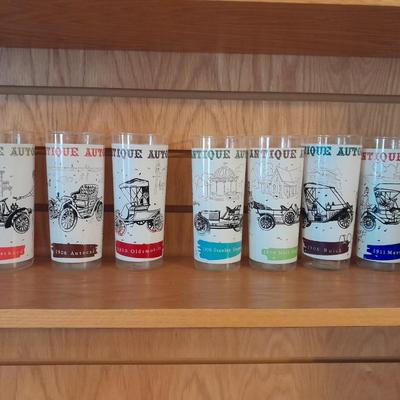 EIGHT VINTAGE ANTIQUE AUTO'S 16 oz DRINKING GLASSES
