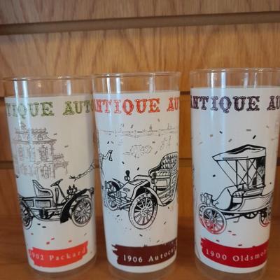 EIGHT VINTAGE ANTIQUE AUTO'S 16 oz DRINKING GLASSES
