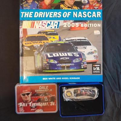 HARDBACK BOOK THE DRIVERS OF NASCAR. AND A NEW DALE EARNHARDT JR. KNIFE IN A TIN