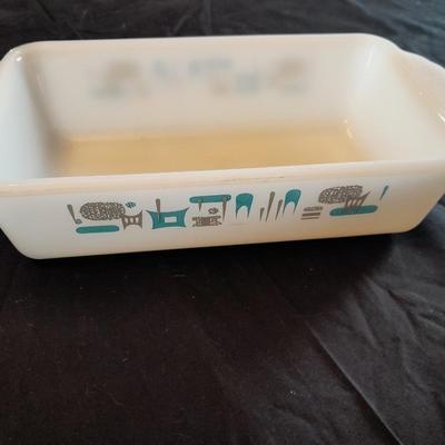 TWO VINTAGE  BREAD PANS GLASBAKE 1.5 QT FIREKING BLUE HEAVEN PATTERN RETRO PATTERN!