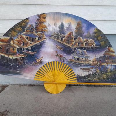 HUGE ORIENTAL VILLAGE WALL FAN DECORATION