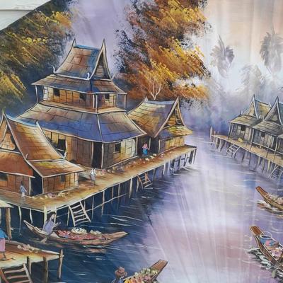 HUGE ORIENTAL VILLAGE WALL FAN DECORATION