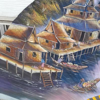 HUGE ORIENTAL VILLAGE WALL FAN DECORATION
