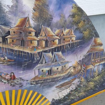 HUGE ORIENTAL VILLAGE WALL FAN DECORATION