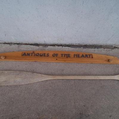 ANTIQUES OF THE HEART WALL HUNG TAPESTRY / QUILT HANGER AND AN OLD WOOD BOAT OAR