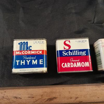 VINTAGE WOODEN 3 BLADE CABBAGE / KRAUT CUTTER AND OLDER SPICE CONTAINERS