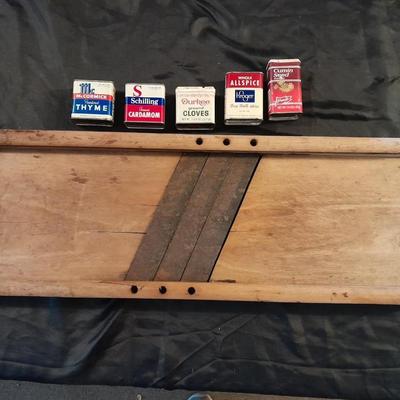 VINTAGE WOODEN 3 BLADE CABBAGE / KRAUT CUTTER AND OLDER SPICE CONTAINERS