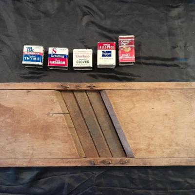 VINTAGE WOODEN 3 BLADE CABBAGE / KRAUT CUTTER AND OLDER SPICE CONTAINERS