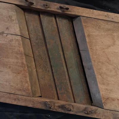 VINTAGE WOODEN 3 BLADE CABBAGE / KRAUT CUTTER AND OLDER SPICE CONTAINERS