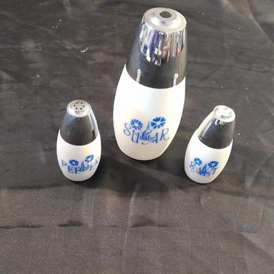 VINTAGE WESTMORELAND WHITE MILK GLASS SUGAR, SALT & PEPPER BLUE FLOWER