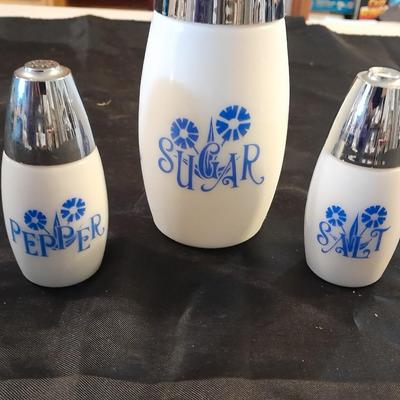 VINTAGE WESTMORELAND WHITE MILK GLASS SUGAR, SALT & PEPPER BLUE FLOWER