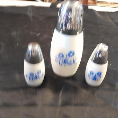VINTAGE WESTMORELAND WHITE MILK GLASS SUGAR, SALT & PEPPER BLUE FLOWER