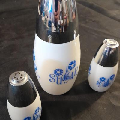 VINTAGE WESTMORELAND WHITE MILK GLASS SUGAR, SALT & PEPPER BLUE FLOWER