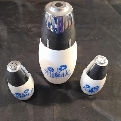 VINTAGE WESTMORELAND WHITE MILK GLASS SUGAR, SALT & PEPPER BLUE FLOWER