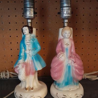 ANTIQUE VICTORIAN STYLE PORCELAIN MAN & WOMAN BEDSIDE LAMPS