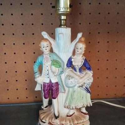 TWO MATCHING COLONIAL STYLE PORCELAIN LAMPS HAND PAINTED MAN & WOMAN