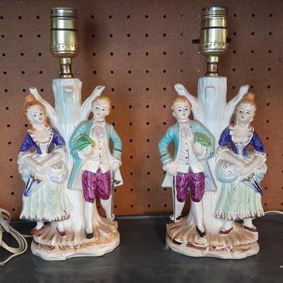 TWO MATCHING COLONIAL STYLE PORCELAIN LAMPS HAND PAINTED MAN & WOMAN