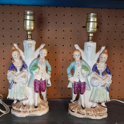 TWO MATCHING COLONIAL STYLE PORCELAIN LAMPS HAND PAINTED MAN & WOMAN
