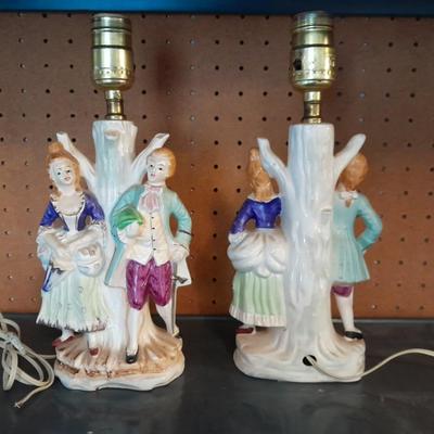TWO MATCHING COLONIAL STYLE PORCELAIN LAMPS HAND PAINTED MAN & WOMAN