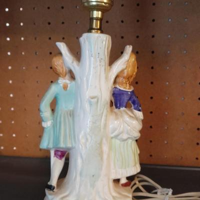 TWO MATCHING COLONIAL STYLE PORCELAIN LAMPS HAND PAINTED MAN & WOMAN