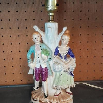 TWO MATCHING COLONIAL STYLE PORCELAIN LAMPS HAND PAINTED MAN & WOMAN