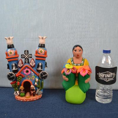LOT 371  FOLK ART HAND PAINTED CLAY DIORAMA AND CLAY FIGURINE