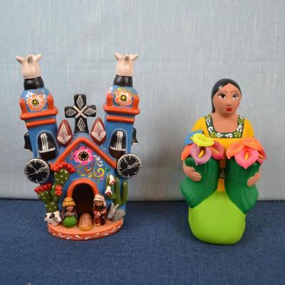 LOT 371  FOLK ART HAND PAINTED CLAY DIORAMA AND CLAY FIGURINE