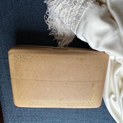 LOT 384.   THREE SHAWLS VINTAGE GLOVES AND PURSE
