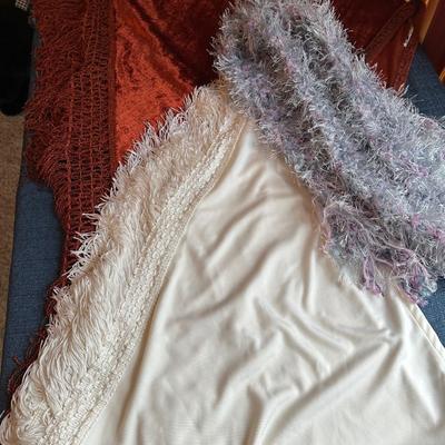 LOT 384.   THREE SHAWLS VINTAGE GLOVES AND PURSE