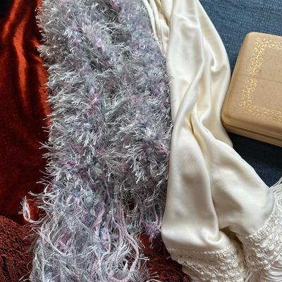 LOT 384.   THREE SHAWLS VINTAGE GLOVES AND PURSE
