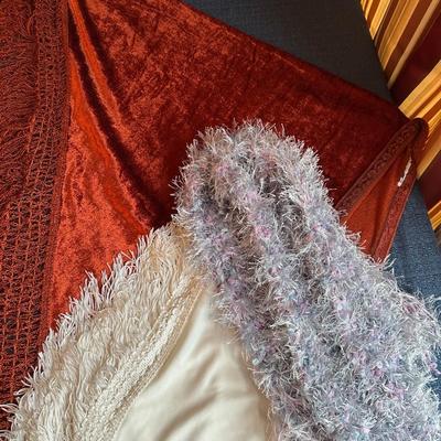 LOT 384.   THREE SHAWLS VINTAGE GLOVES AND PURSE