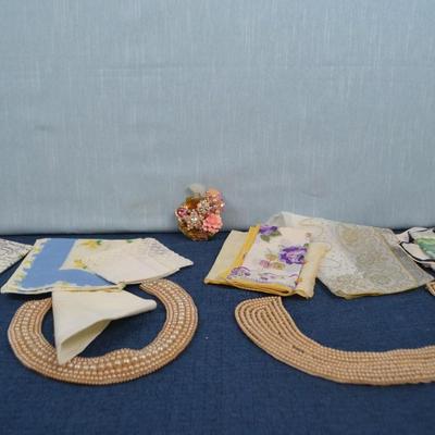 LOT 383. VINTAGE BEADED COLLAR PIECES AND HANDKERCHIEFS