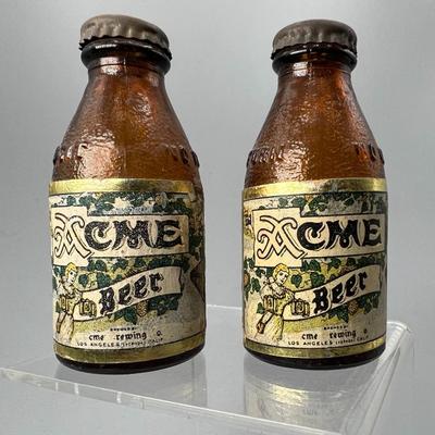 Vintage Novelty Acme Miniature Glass Beer Bottles Salt & Pepper Shakers