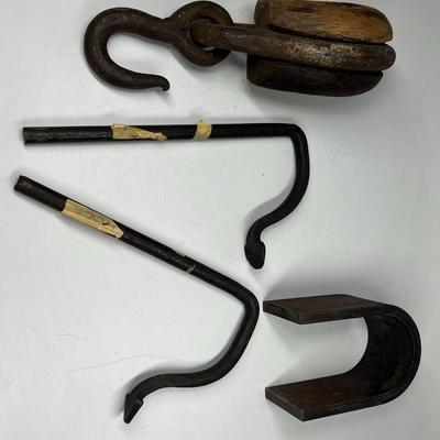 Lot of Antique 19th Century Deadeye Nautical Hook, Magnetic Tool, and Various Head Hooks