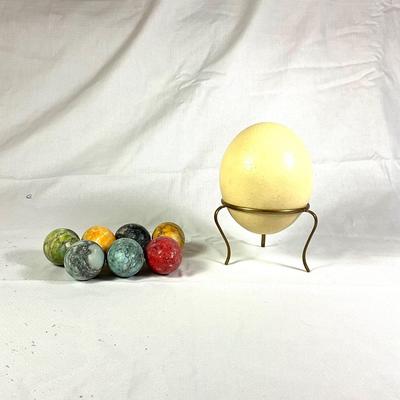 1245 Vintage Ostrich Egg on Stand with 7 Colored Marble Eggs