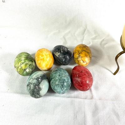 1245 Vintage Ostrich Egg on Stand with 7 Colored Marble Eggs