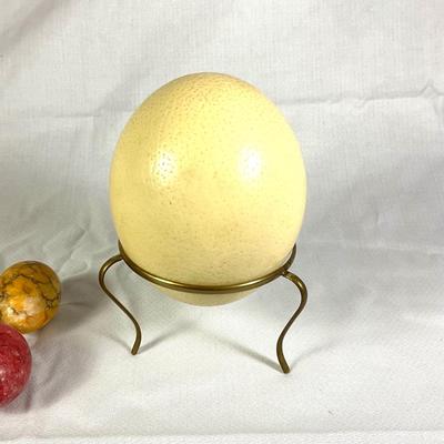 1245 Vintage Ostrich Egg on Stand with 7 Colored Marble Eggs