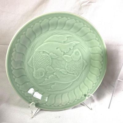 1247 Celadon Green Koi Fish Plate and Bowl