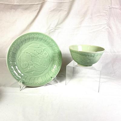 1247 Celadon Green Koi Fish Plate and Bowl