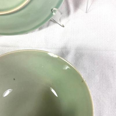 1247 Celadon Green Koi Fish Plate and Bowl