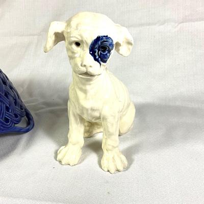 1252 Vintage Blue Ceramic MMA Reticulated Bowl with Vintage Dutch Blue Eyed Dog Figure