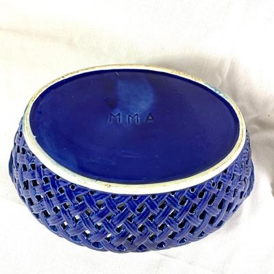 1252 Vintage Blue Ceramic MMA Reticulated Bowl with Vintage Dutch Blue Eyed Dog Figure