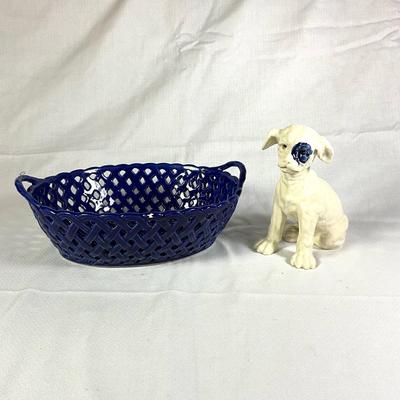 1252 Vintage Blue Ceramic MMA Reticulated Bowl with Vintage Dutch Blue Eyed Dog Figure