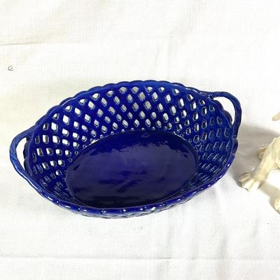 1252 Vintage Blue Ceramic MMA Reticulated Bowl with Vintage Dutch Blue Eyed Dog Figure